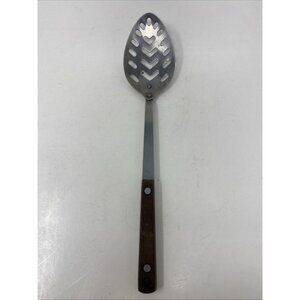 Vintage Pyramid Stainless Steel Slotted Serving Spoon with Brown Wood Handle